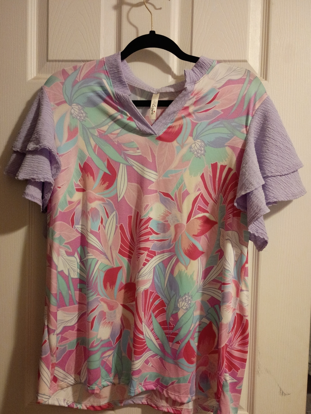 Celeste Lavender Floral V-Neck Ruffle Sleeve Tee